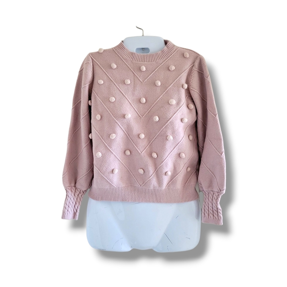 Simplee | Cute Chunky Pinkish Tan Pom Pom Textured Knit Crop Sweater
